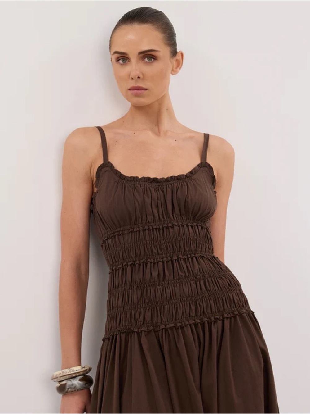 DISSH Smocked Spaghetti Strap Brown Maxi Dress